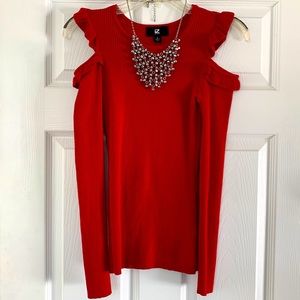 IZ BYER red ruffled cold shoulder top
